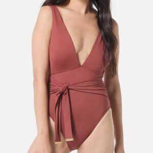 NWT! Vince Camuto Cocoa Brown Plunge Belt Detail One Piece Swimsuit NEW!